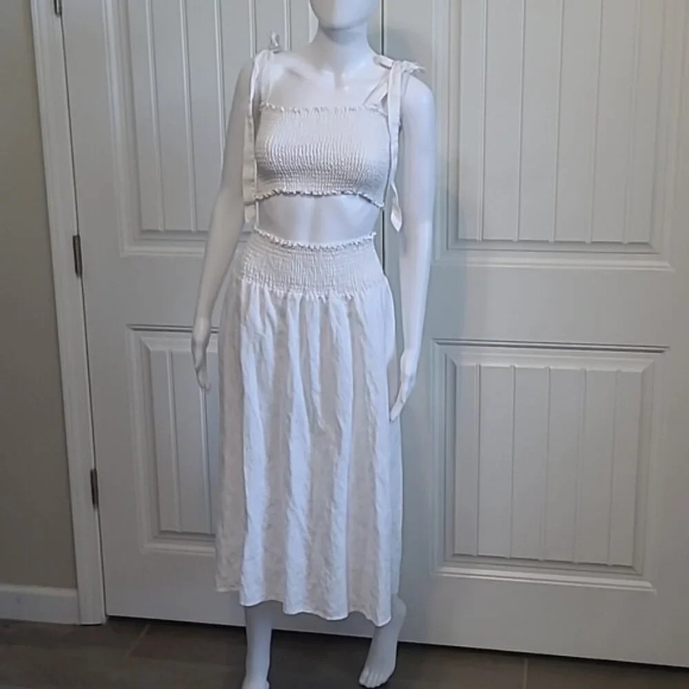 Reformation Willow Linen Two Piece Set Midi Length Skirt & Crop Top Size Small